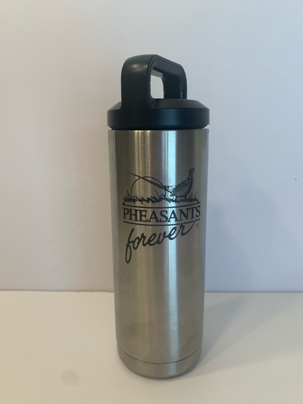 YETI Stainless Steel Travel Tumbler Silver/Black Hunting Pheasants forever